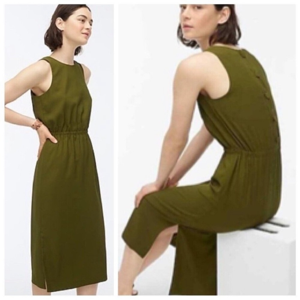 EUC -- J.Crew Button Back Midi Dress in Olive Crepe - Size 24